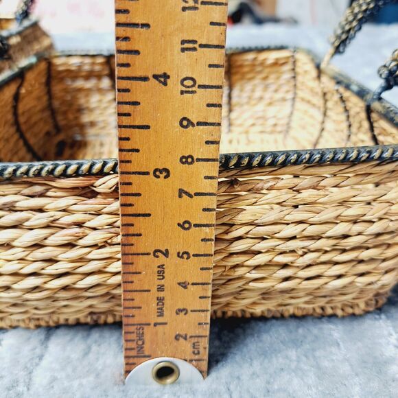 Square Wicker Nesting Baskets LOT OF 2 BLACK METAL HANDLES TRIM rustic cottage - Picture 10 of 11